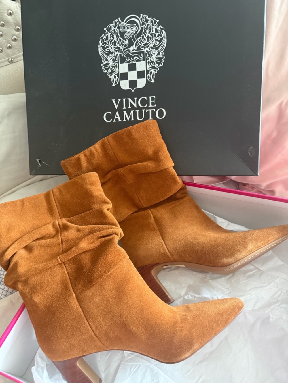 Vince Camuto Women's Suede Pointed Toe Ankle Boots - Cognac